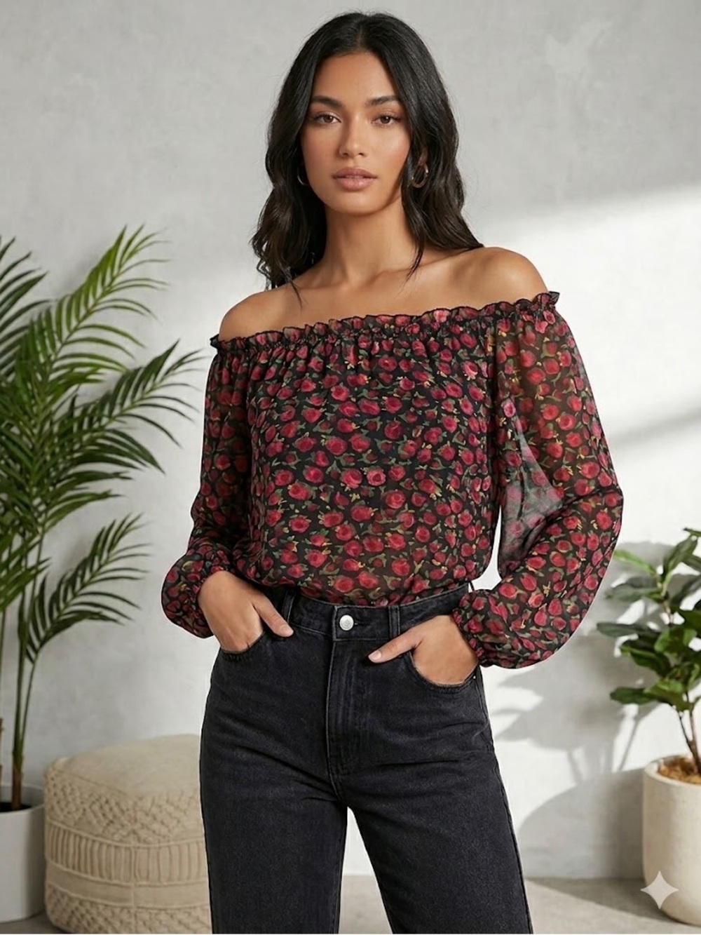 Ralph Lauren - Chap’s Off-Floral Roses 🌹 Off Shoulder Blouse Top in Black + Red
